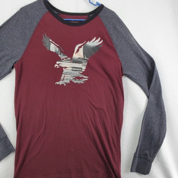 AMERICAN EAGLE Shirt Men's Long Sleeve Crew Neck Pullover Tee Red Gray Medium - Picture 6 of 12